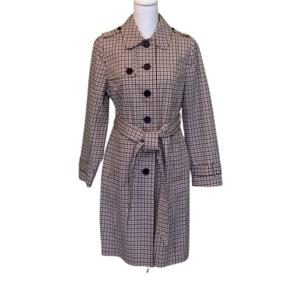 NWT Talbots black/Brown/white checked trenchcoat petite medium, academic, plaid - Picture 1 of 10